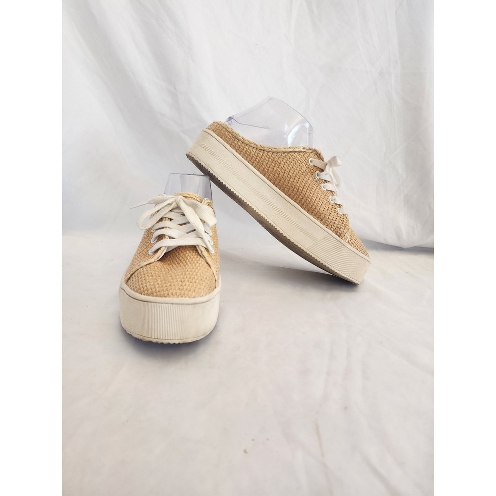 Jessica Simpson Raffia Platform Mule Sneakers Tan Woven Lace Up Slides 8.5 Beach